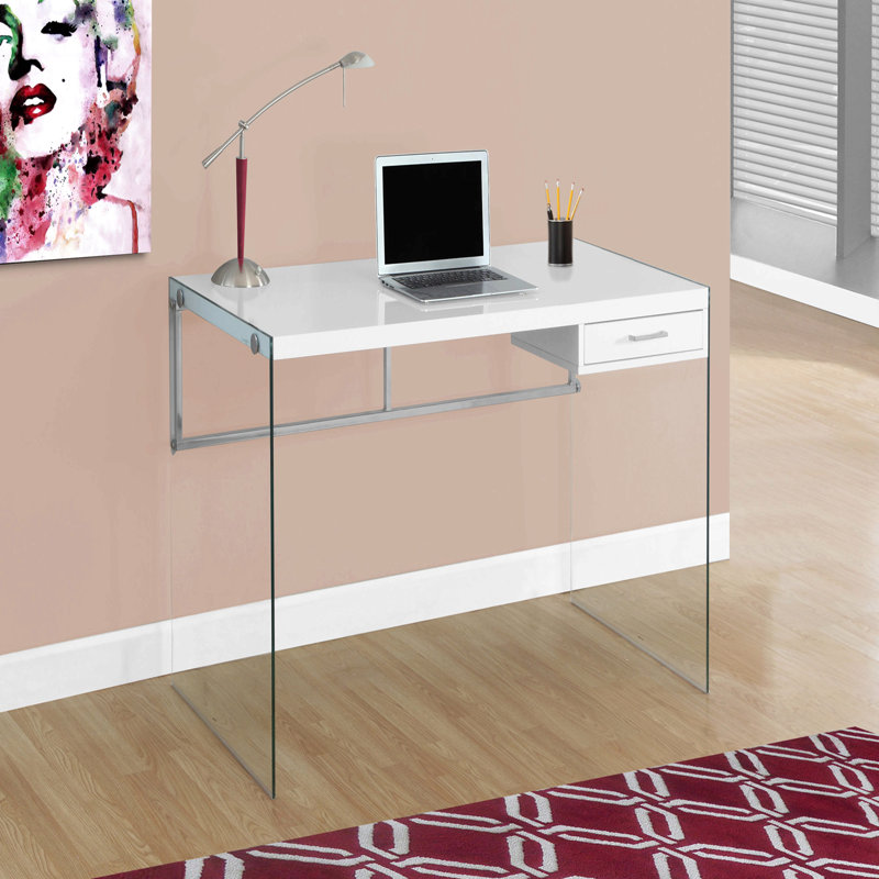 Bureau d'ordinateur, bureau personnel, ordinateur portable, tiroirs de rangement, L 48 po, bureau, stratifié blanc brillant, verre trempé transparent, contemporain, moderne
