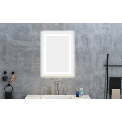 Miroir de salle de bain à DEL 20 po x 28 po, fixation murale, avant et rétroéclairé, cadre en aluminium doré brossé, brouillard, 3 couleurs, mémoire, températures de couleur, gradation continue, aspect haute définition naturel