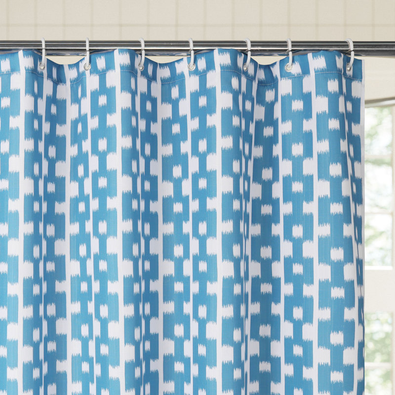 Ensemble de rideau de douche imprimé en tissu texturé Slub avec 12 crochets de douche en plastique, Mosaïque azur