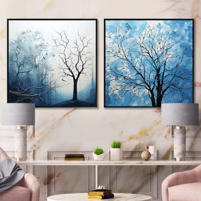 Minimalism Blue Tree Landscape - Trees Square Collage Set Of 2