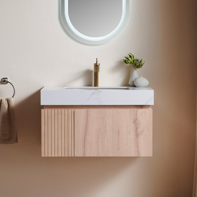 Muri 30" Bathroom Vanity&Sink, Floating Plywood Storage Cabinet With Drawer&Door, Carrara White Sintered Stone Top&Ceramic Basin With 3 Pre-Drilled Faucet Holes, Pre-Assembled, White Oak Woodgrain