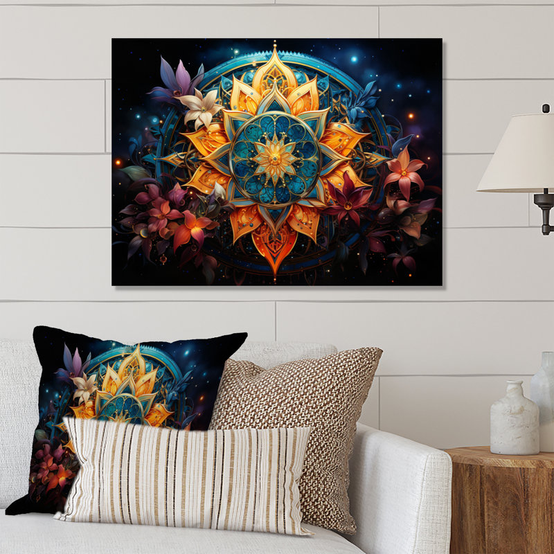 Harmonie mandala art sarcelle orange bouddhiste - décoration murale spirituelle en métal, H 30 po x l 40 po x P 1 po