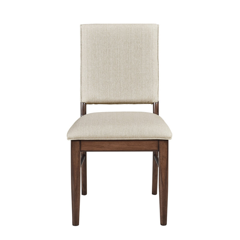Set of 2 Beige Upholstered Side Chairs with Brown Wood Frame