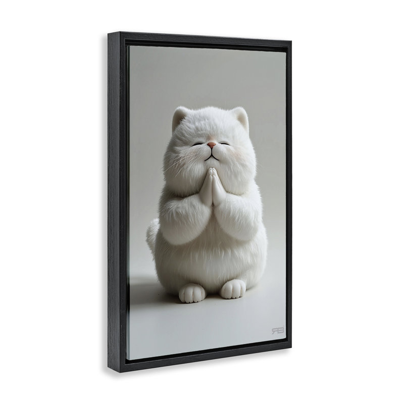 «Fluffy Praying Cat» par Roozbeh Bahramali, H 25 po x l 17 po, Cadre flottant noir de jais