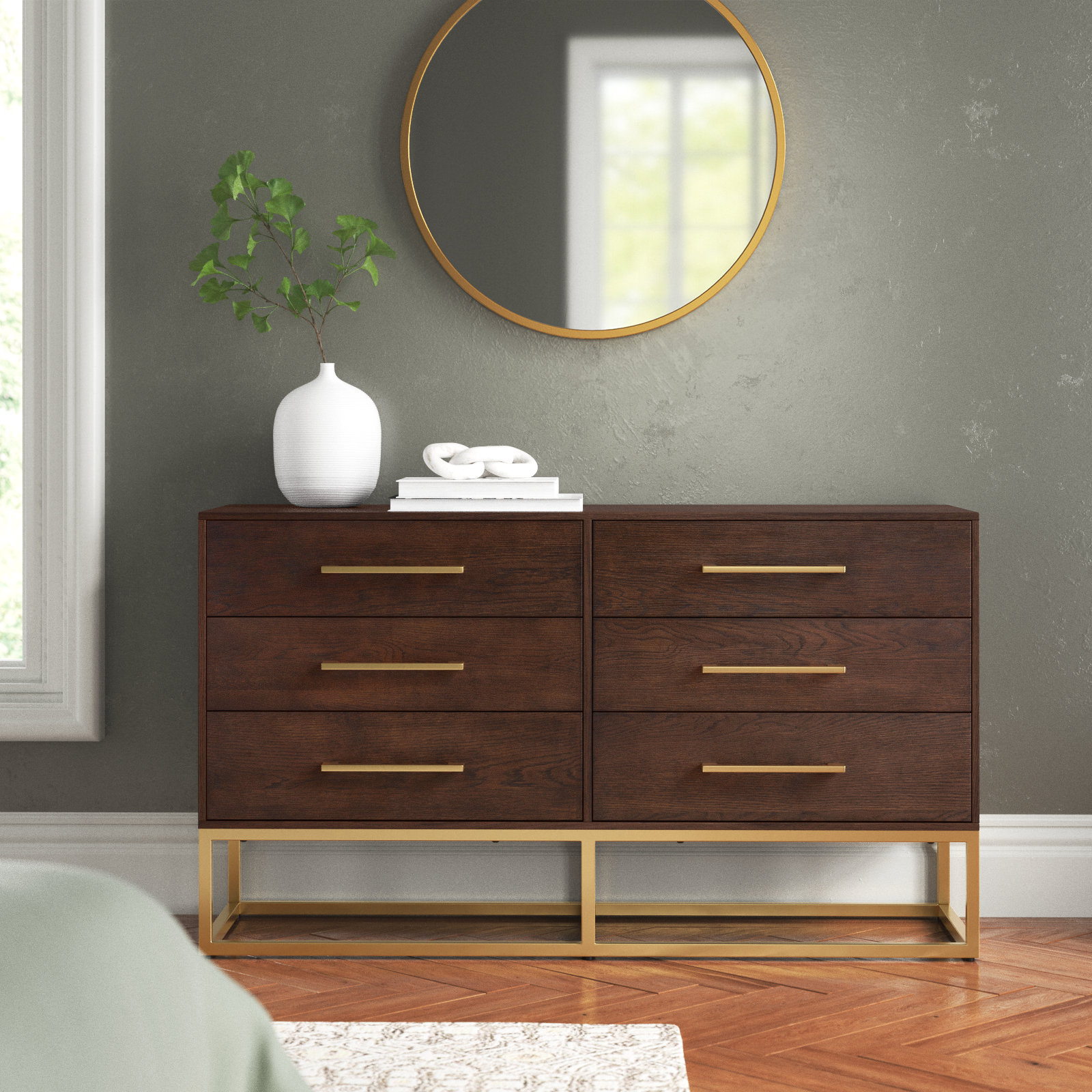 Sheldon 6 - Drawer Double Dresser, Gold/Walnut