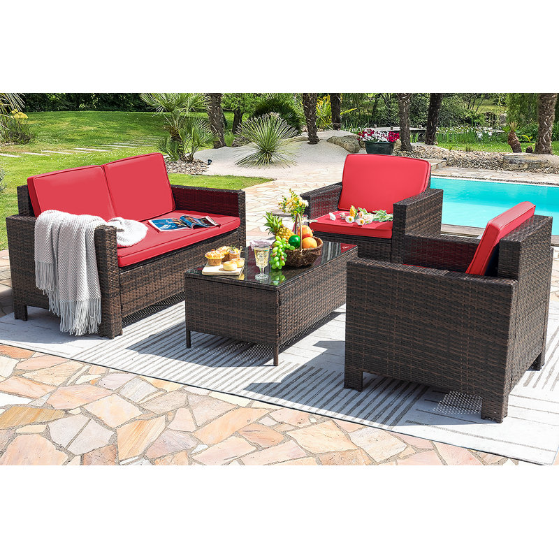 Ensemble de conversation en osier / rotin pour 4 personnes avec coussins Aveah, Rouge, Brun
