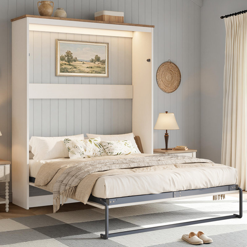 66" W Farmhouse Queen Size Murphy Bed With Led Lights & Charging Station, Hidden Foldable Wall Cabinet Bed, White, White