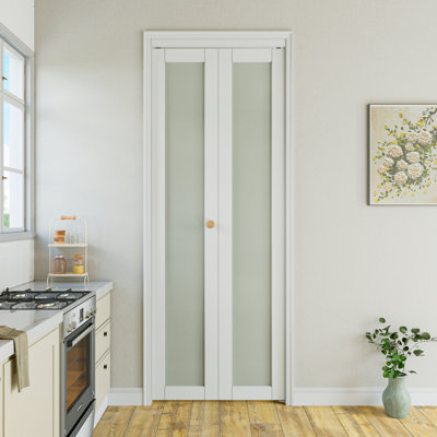 Paintable 1-Lite Tempered Frosted Glass Solid Core Primed Bi-fold Doors with Installation Hardware Kit