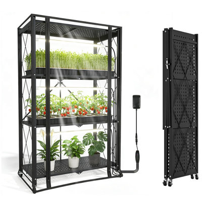 Serre d'intérieur avec lumière de croissance, tablette de plante pliable en métal avec lampes de culture à spectre complet 6000K et tente, mini cabinet de serre avec minuterie pour le démarrage des graines, 4 niveaux (noir)