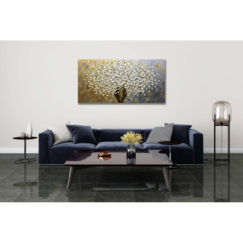 Abstract Canvas Floral Artwork 100% Hand Painted Oil Paintings Textured Flower Wall Art , 24" H x 48" W