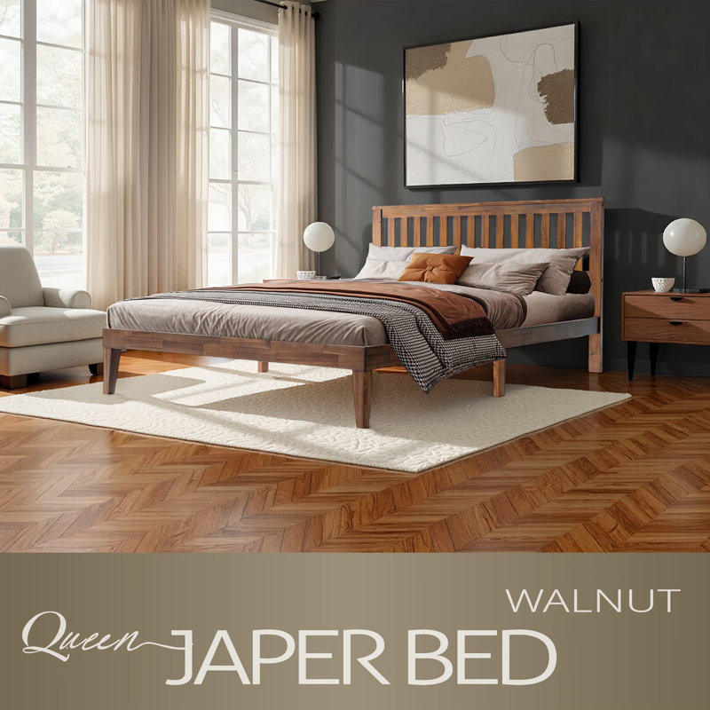 Japer Queen Size Bed Frame with Headboard & Footboard, Solid Wood Platform Bed, 12 Solid Slatted Support with Metal Legs, Non-Slip & Noise-Free, Walnut Finish