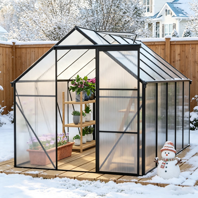 Serre en polycarbonate robuste de 6 x 10 pi avec évent de toit réglable et porte coulissante, serre d'extérieur toutes saisons avec système de drainage