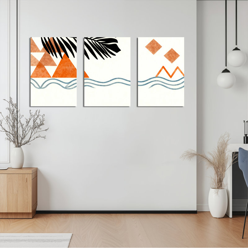 Feuille de palmier tropical et triangles géométriques, art mural, reproduction abstraite moderne (ensemble de 3)
