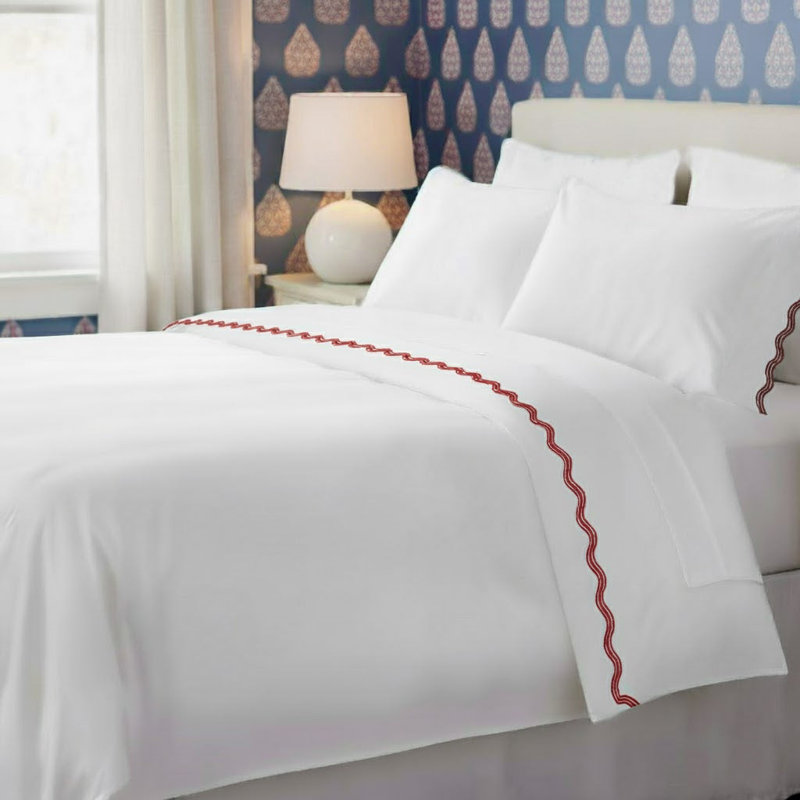 400TC Cotton Sateen Triple Scallop Embroidery Sheet Set, Burgundy Border, California King Sheet Set