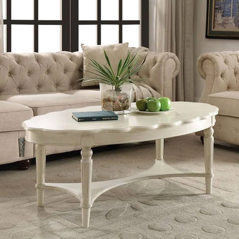 Table basse à plateau ovale de style français, blanc antique, rangement ouvert, pieds en bois massif pour espace de vie principal avec design, pieds, pièce principale convenable