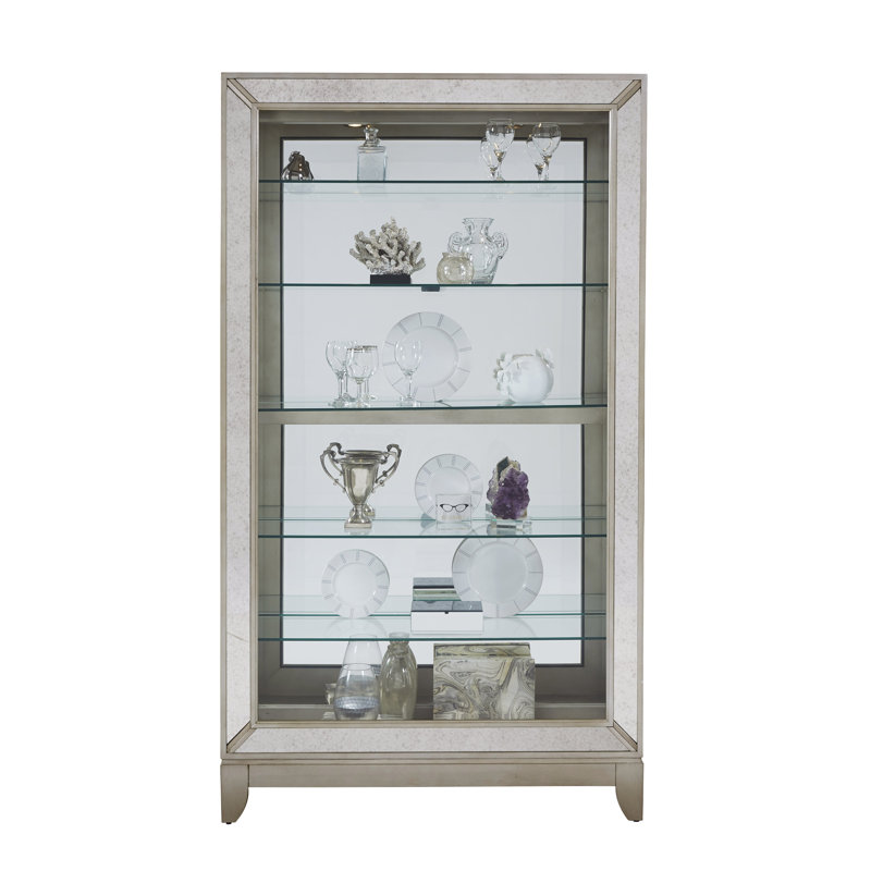 Aged Silver Lighted 5-Shelf Curio Cabinet with Poplar Wood Legs