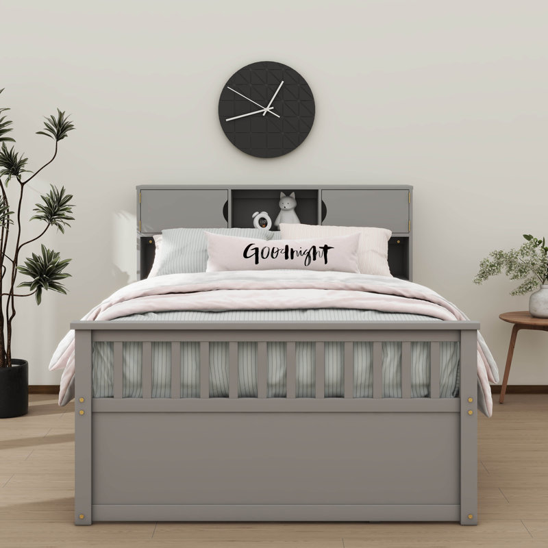 Base de lit plateforme double pleine grandeur avec tablettes de rangement pour bibliothèque et quatre tiroirs, gris