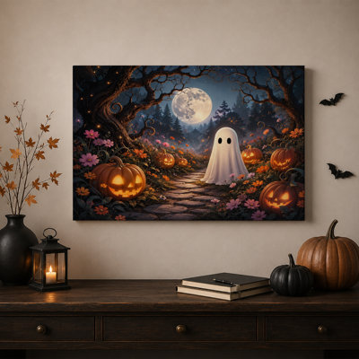 Art mural sur toile, "White Ghost debout parmi des citrouilles brillantes"