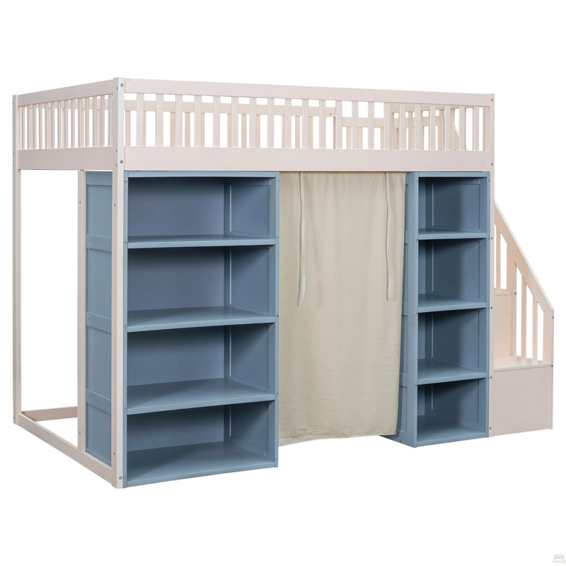 Lit mezzanine double avec 2 armoires de rangement à quatre couches et rideau