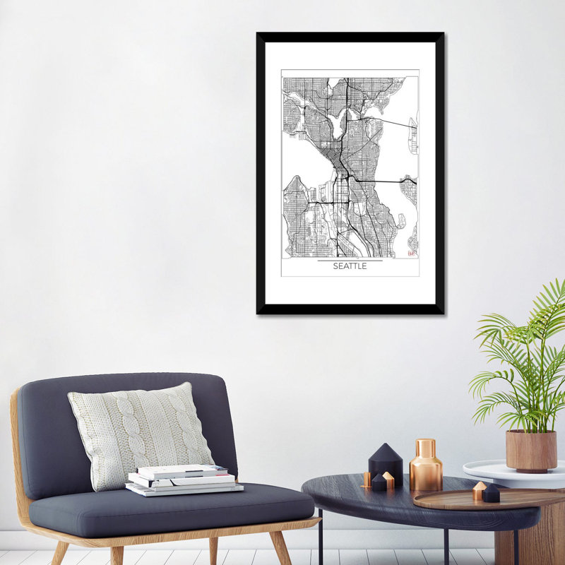 «Seattle Minimal Urban Blueprint Map», impression sur toile, H 32 po x l 24 po x P 1 po, Papier beaux-arts encadré noir