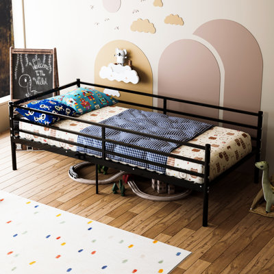Lit de jour simple noir avec support en lattes de métal, plateforme de lit pour la chambre à coucher, structure en alliage, rangement de 10,9 pouces, patins de protection, structure en métal robuste, lit superposé et stable, rangement, guide d'assemblage transparent