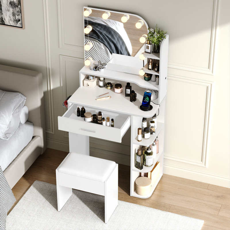 Ensemble de coiffeuse de maquillage avec tabouret, prise de courant et luminosité réglable à 3 modes, White