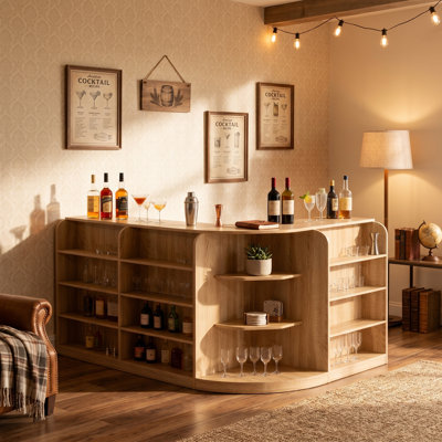 Bar de maison en L de 70,9 po de largeur avec 3 tiroirs + 1 armoire de rangement + support de présentation multicouche