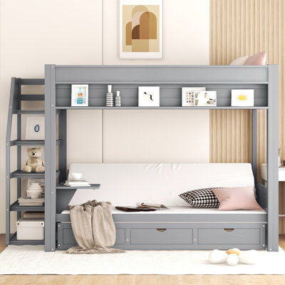Wood Full Size Convertible Bunk Bed with Storage Staircase, Bedside Table, and 3 Drawers