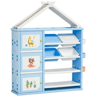 Blue Kids Toy Storage Organizer with 4 Bins, Cabinets & 4-Tier Toy Shelves