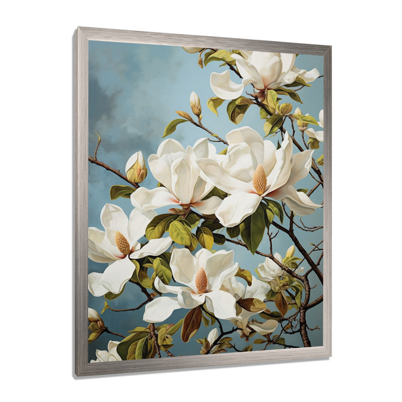 Blanc, jaune, magnolia, magnolia, harmonie - magnolia, art mural, Cadre simple argenté, H 32 po x l 24 po x P 1 po
