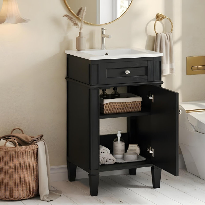 Meuble-lavabo compact de style français avec lavabo en céramique et tablette de rangement, Noir, 18