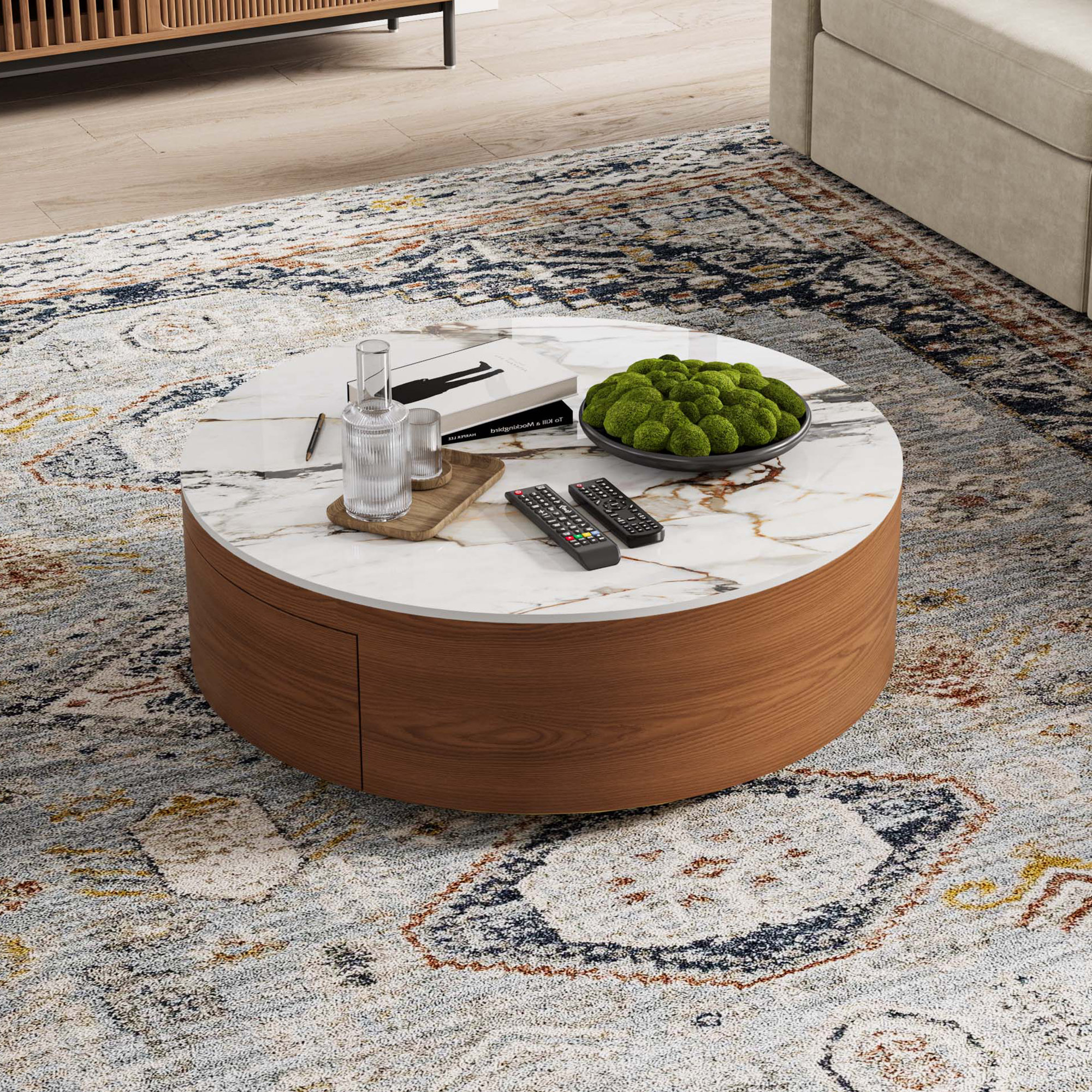 Daniel-Jack Drum Coffee Table, Sintered Stone Top, 2 Solid Wood Drawers, Fully-Assembled