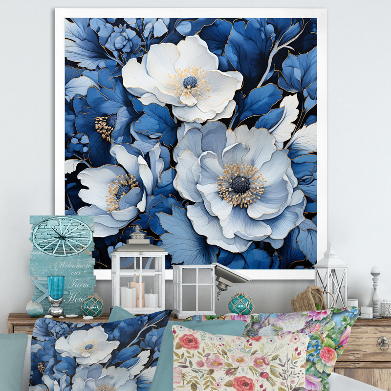 Aquarelle de fleurs saisonnières bleues et blanches II - Fleurs, art mural, H 16 po x l 16 po x P 1 po, Cadre simple blanc