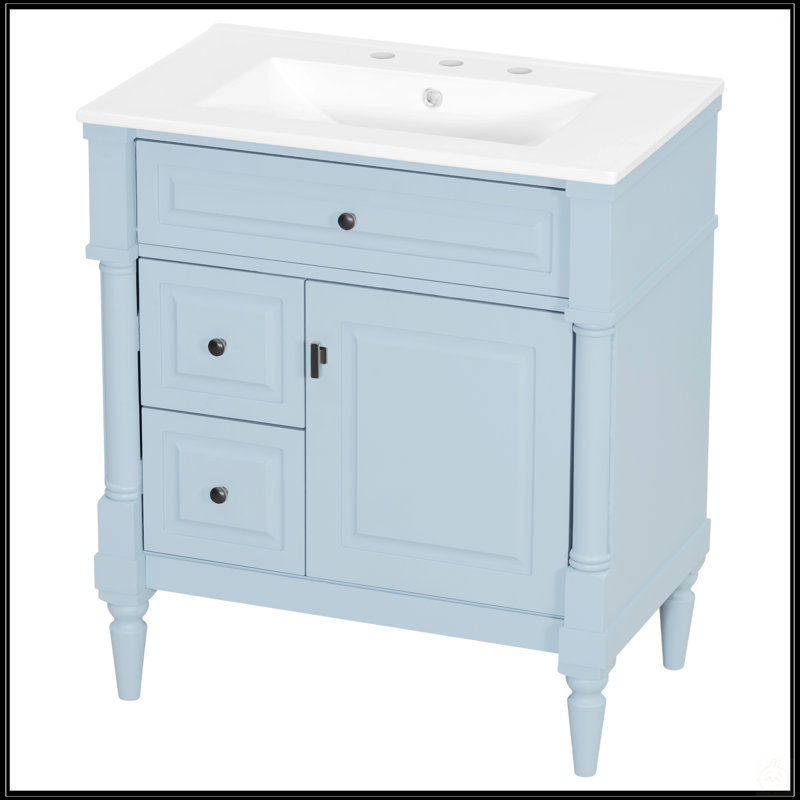 30 Inch Freestanding Bathroom Vanity With Ceramic Sink, Flip Drawer, And Adjustable Shelf For Modern Bathrooms, Blue/Gray