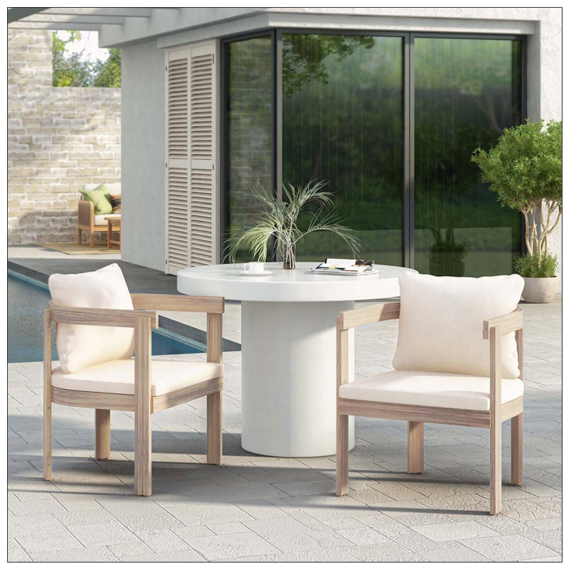 Ensemble de 2 chaises de salle à manger en bois d'acacia, fauteuils avec coussins crème, fauteuil d'appoint en tonneau, ensemble de chaises d'appoint de cuisine confortables