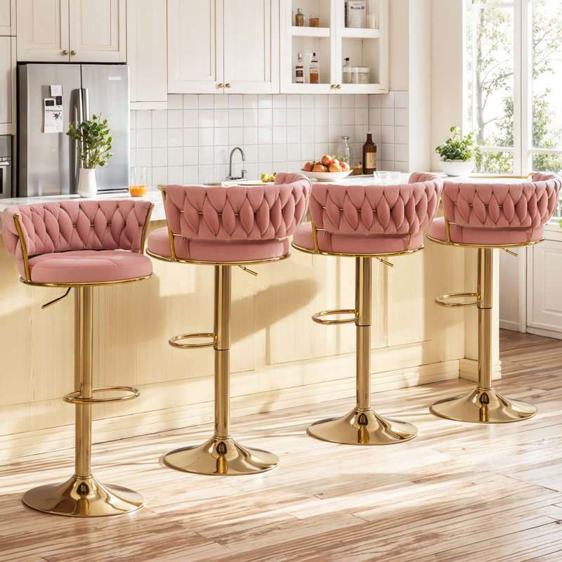 Aryelle Velvet Upholstered Bar Stools with Woven Backrest, Height Adjustable Counter Stools with Low Back, Swivel Kitchen Stools for Kitchen Island, Bar, Pub
