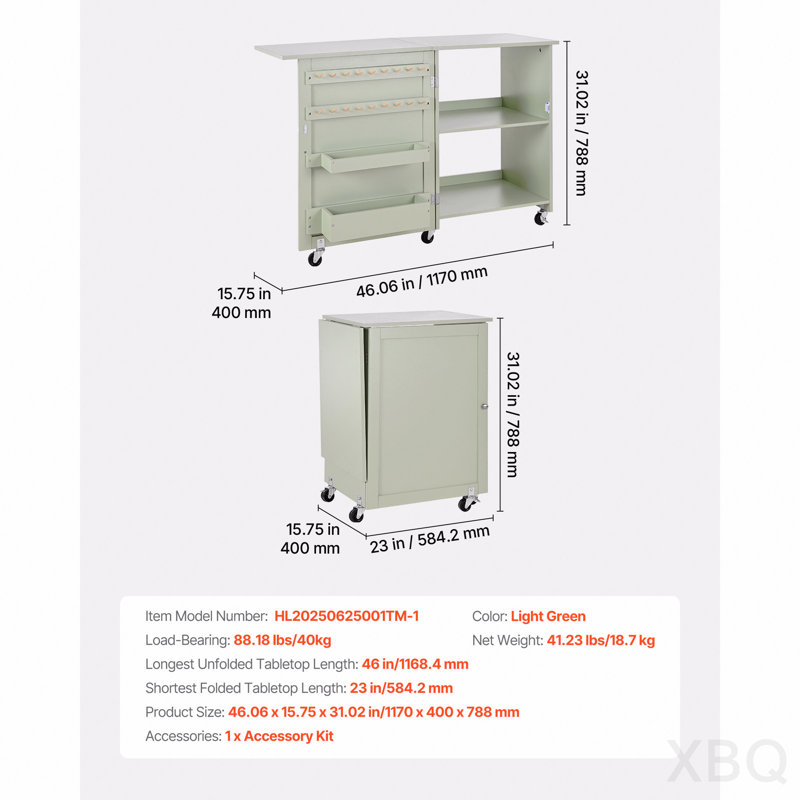 Meuble de rangement polyvalent et pliable pour machine à coudre, avec roulettes, crochets et plateaux de rangement - Vert clair