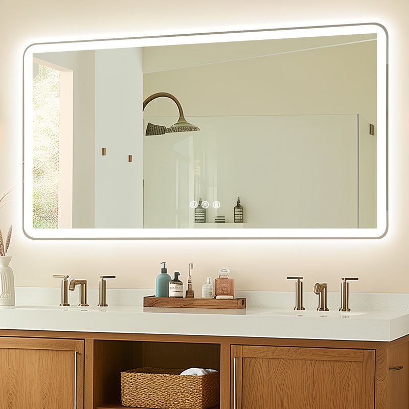 Miroir de salle de bain rond sans cadre à DEL, avant et arrière, anti-buée, verre trempé, 3 couleurs, gradateur, à brancher / câblé, horizontal / vertical