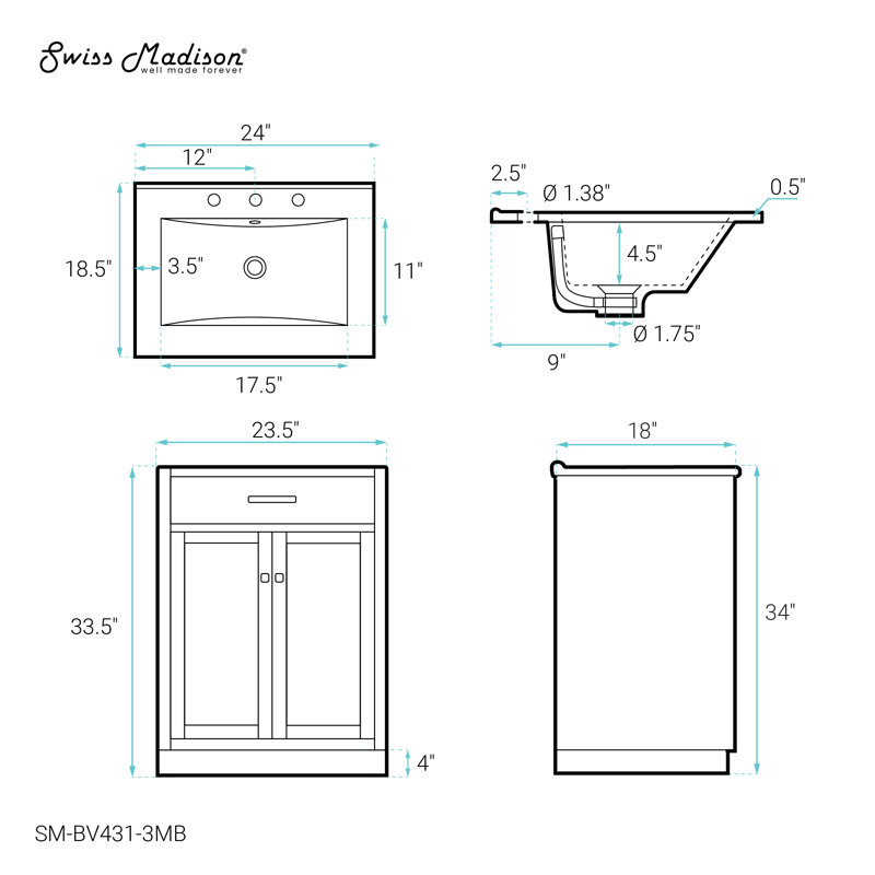 Burdon 24 In. Bathroom Vanity With 3-Hole Ceramic Sink Top, White, Polished Chrome, Black