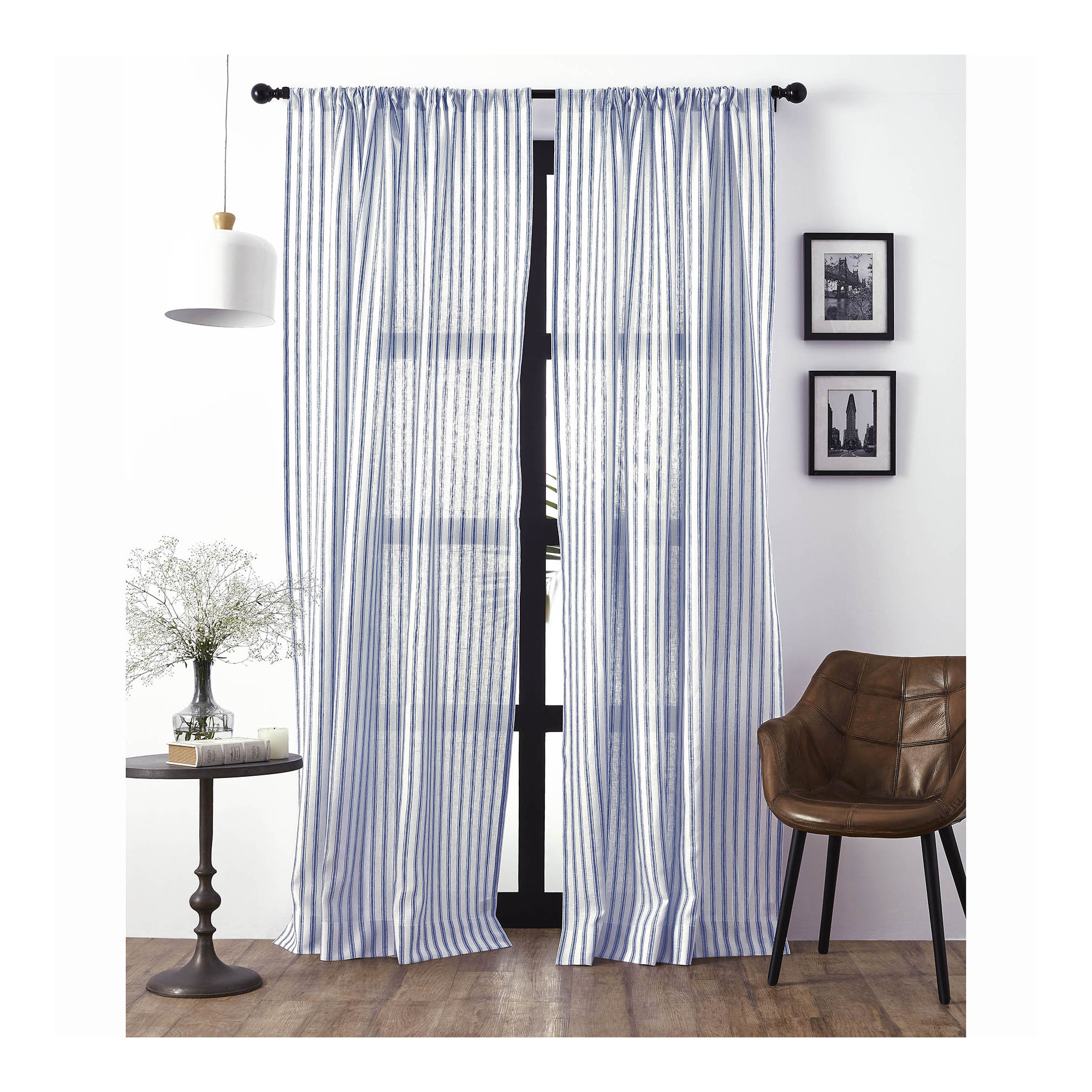 Capri Ticking Stripe - 100% Pure Linen Curtain, 52" W x 96" L, Navy and White