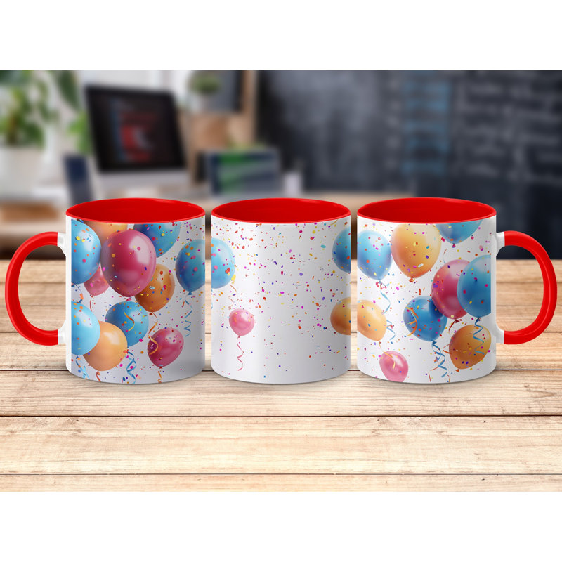 Kids Drawing Style 11oz Accent Mugs – Ceramic Coffee Cup with a Red Handle and Interior