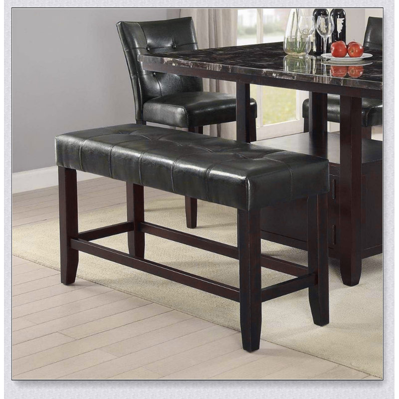 Banc de salle à manger à hauteur de comptoir avec coussin en similicuir noir, siège capitonné et base en bois pour une assise confortable
