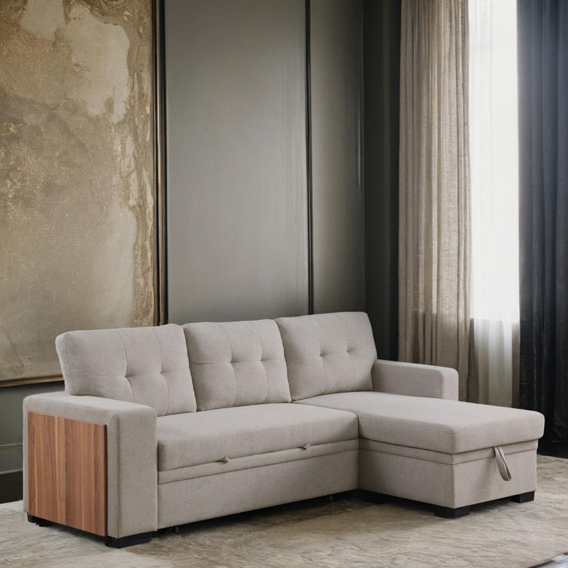 3 - Piece Upholstered Pull Out Sectional Sleeper Sofa With Storage Chaise, Light Gray Linen Blend