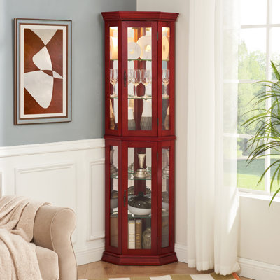 Corner Curio Cabinet Lighted Corner Display, Glass Display Shelf Shelving Bar Cabinet With Tempered Glass Door, Bar Cabinet,Cabinet With Adjustable Shelf Glass Cabinet Shelves Bead Bulb Included