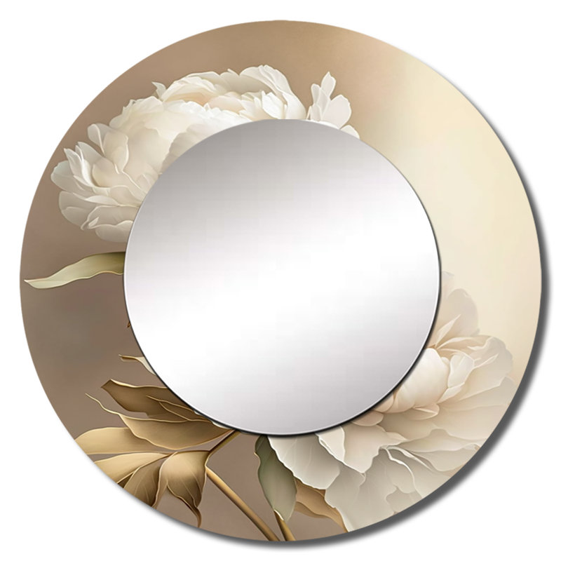 «Shirrell Peony Flower II - pivoines», miroir mural rond blanc, 23 po x 23 po