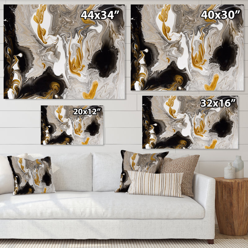 Or et vagues de marbre noir I - peinture sur toile, H 16 po x l 32 po, Toile tendue, Sans cadre