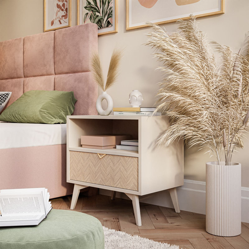 Daleila 54cm W Manufactured Wood Bedside Table, Sand Beige/Herringbone Scandi Pattern