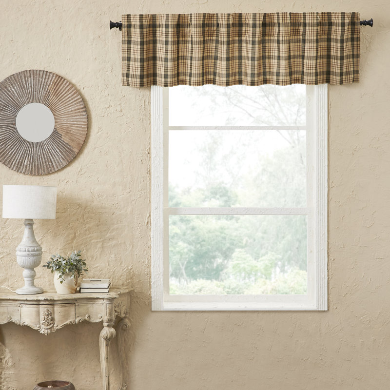 Khaki Tan and Forest Green Plaid Cotton Window Valance, 72" Width