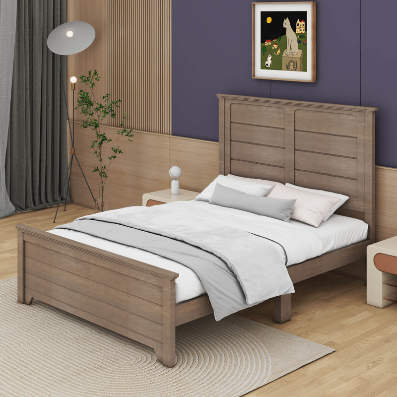 Modern Wooden Platform Bed with Panel Design Headboard, Queen, Ash Brown