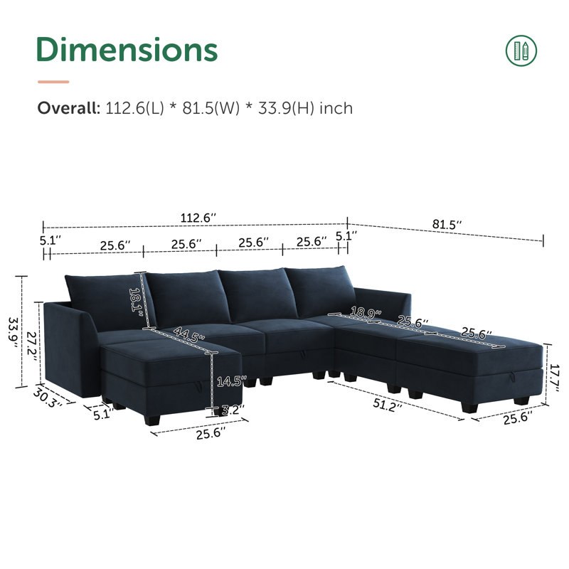 Tremee 7-Seater Upholstered Reversible Sectional, Blue Velvet